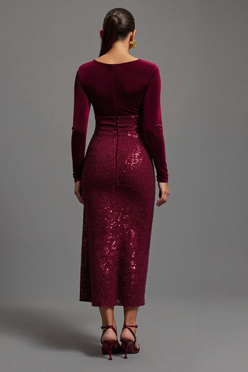 Velvet Sequin Burgundy Formal Dress with Slit